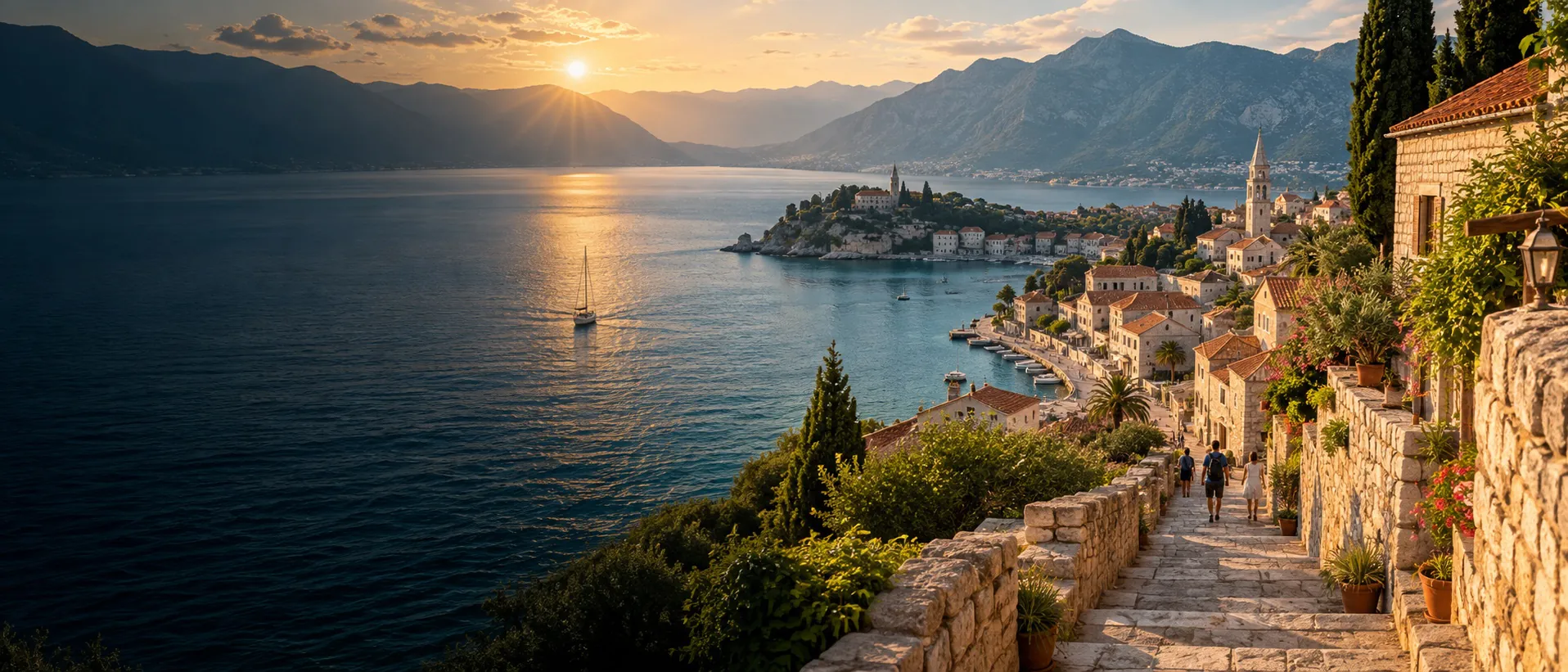 Sunlight falling across a mountain bay and a quiet coastal village